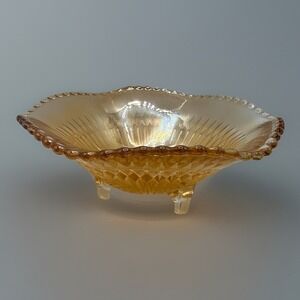 Vintage Jeannette Carnival Glass Three Footed Bowl/Candy Dish Marigold Scalloped